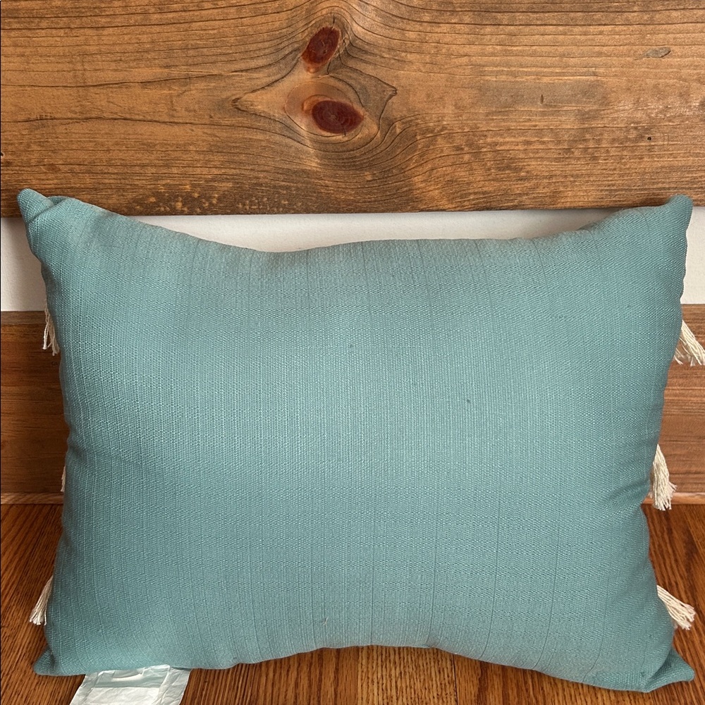 Boho Teal and Cream Decorative Pillow with Fringe 18x13 inches Crochet Lace - Picture 3 of 9